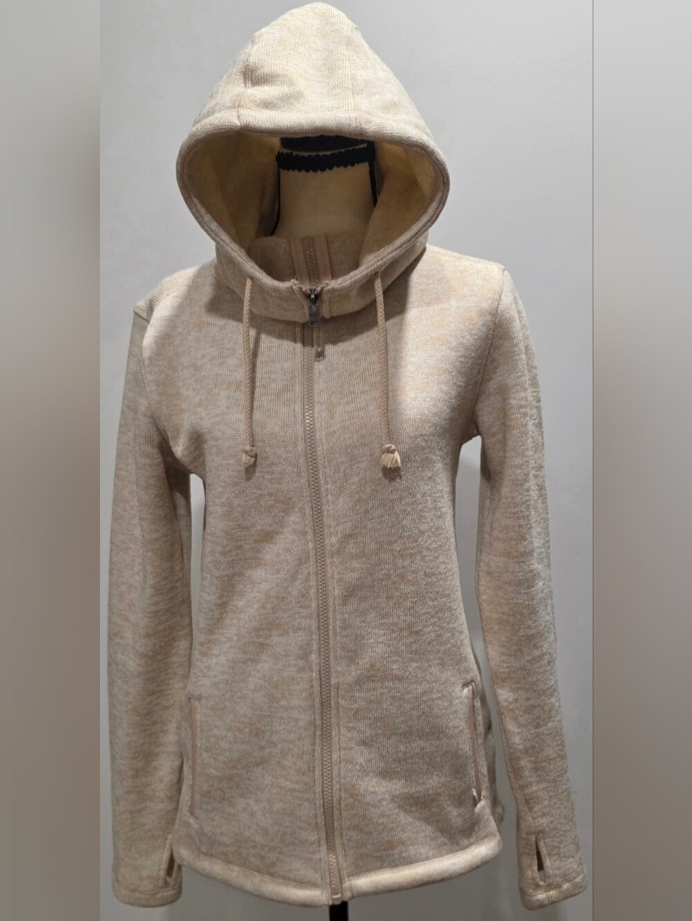 Roxy Full-Zip Hooded Sweater • Cream Oatmeal • Women's Large • Cozy Fleece